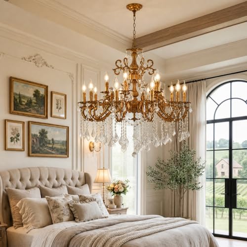 Vintage 10 Arms Crystal Chandelier Candle Light Fixture for Dining Room Living Room Bedroom Hallway Entryway Antique Gold Finish