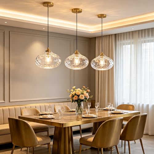 11in Gold Pendant Lights Kitchen Island with Hammered Clear Glass Shade 1PC
