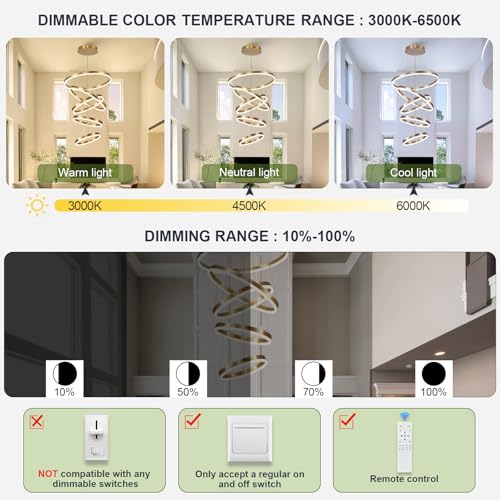 5 Rings Modern LED Chandelier Gold High Ceiling Chandelier with Remote Control Dimmable Pendant Lighting for Dining Room Foyer Living Room Entryway Staircase
