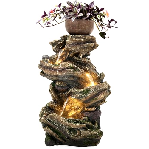 33" Rustic Tree Trunk Outdoor Water Fountain with Planters