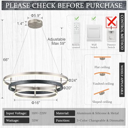 Modern LED Chandelier Black Wood Dimmable 3 Ring Brushed Nickel Chandeliers