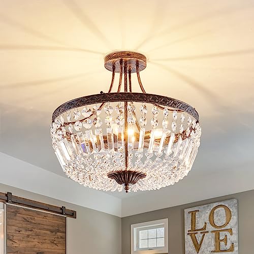5 Light Retor Crystal Ceiling Light Fixture Oil Rubbed Bronze Semi Flush Mount Chandelier Ceiling Lamp for Living Room Dining Room Entryway Hallway Foyer Bedroom Laundry Bathroom