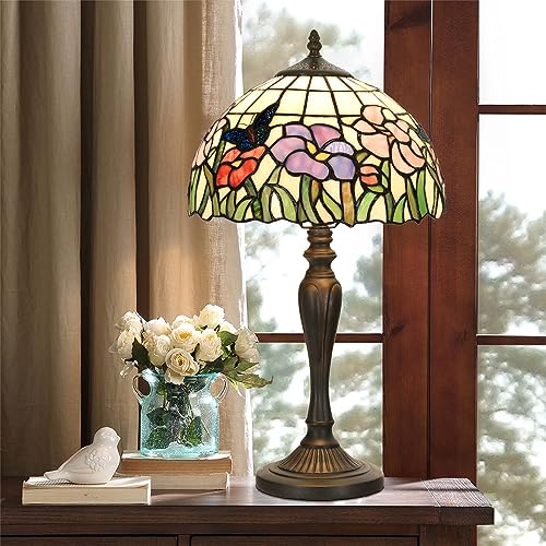 TL0001 Tiffany Table Lamp Handmade Stained Glass Flowers Butterfly Design Lampshade Reading Desk Light 12X21.5 Inches for Bedroom Living Room Home Office