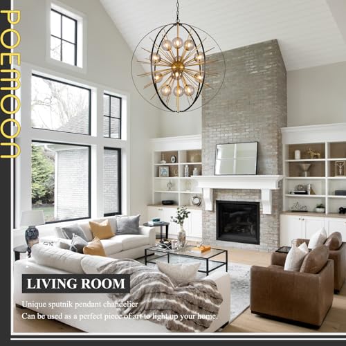 31" 12 Light Black Gold Sputnik Chandeliers with Smoke Glass Shade