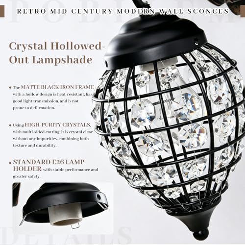 Retro Mid Century Modern Wall Sconces with Clear Crystal Shade Lion Head Decor 17.7" Large Black Wall Lights Fixtures for Living Room Bedroom Bedside Stairs Bathroom