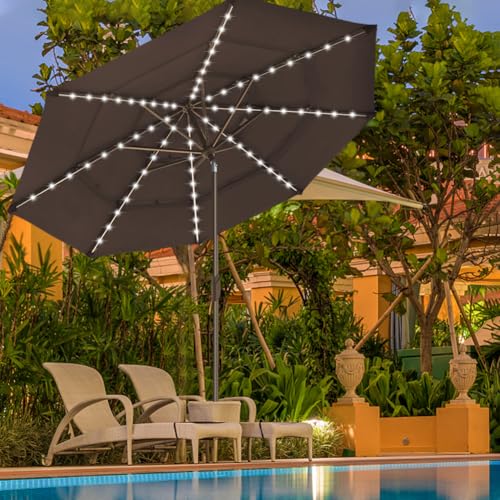 USA 10-Year-Non-Fading 9ft 3-Tier Market Patio Umbrella, Commercial Table Umbrella with 80 Solar LED Lights, Crank Open, Windproof & UPF 50+ UV Protection for Garden, Deck, Pool, Backyard, Chestnut