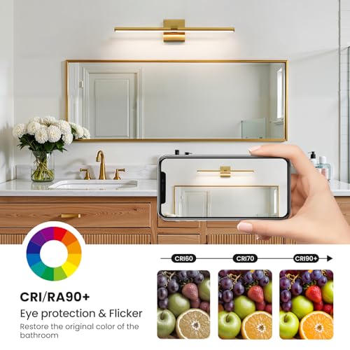 Gold LED Bathroom Vanity Light 24 Inch 18W Dimmable 5CCT Bathroom Lighting Fixtures Over Mirror Modern Brushed Gold Vanity Lights Bar for Bathroom Mirror Cabinets Bedroom