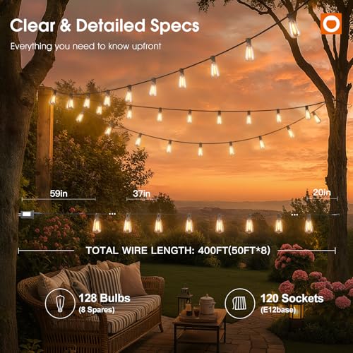 400FT(50*8) Outdoor String Lights with Remote LED Edison Waterproof (400 Foot)