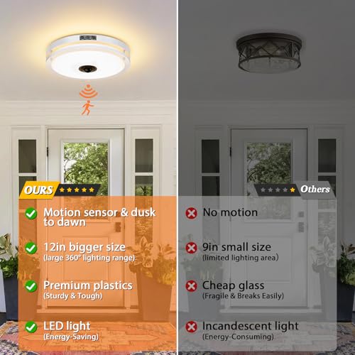 12" LED Motion Sensor Outdoor Ceiling Light Porch Lamp