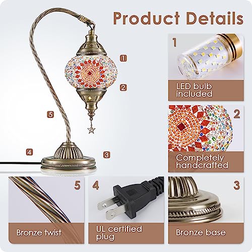 Turkish Moroccan Lamp with Bronze Base 3 Color Options Handmade Swan Neck Mosaic Glass Bedside Lamps for Bedroom