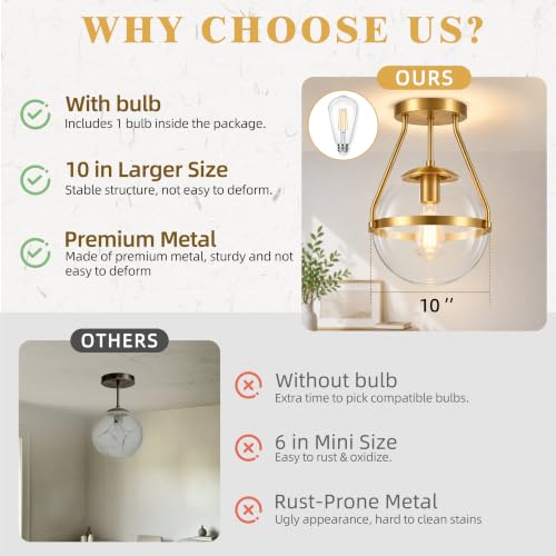 10" Semi Flush Mount Ceiling Light with Clear Glass Shade Mid Century Ceiling Light Modern Gold Globe Semi Flush Mount Ceiling Light Fixture for Bedroom Hallway Bathroom Foyer