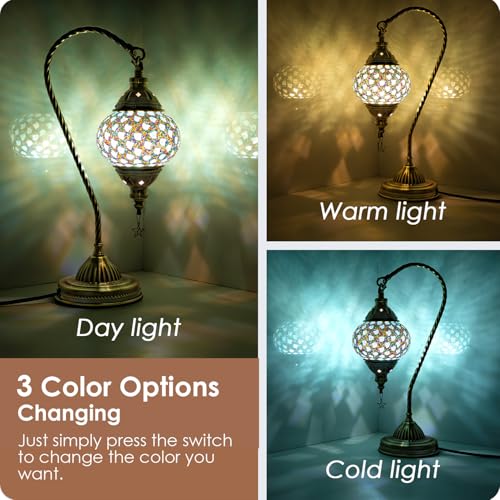 Turkish Moroccan Lamp with Bronze Base 3 Color Options Handmade Swan Neck Mosaic Glass Bedside Lamps for Bedroom