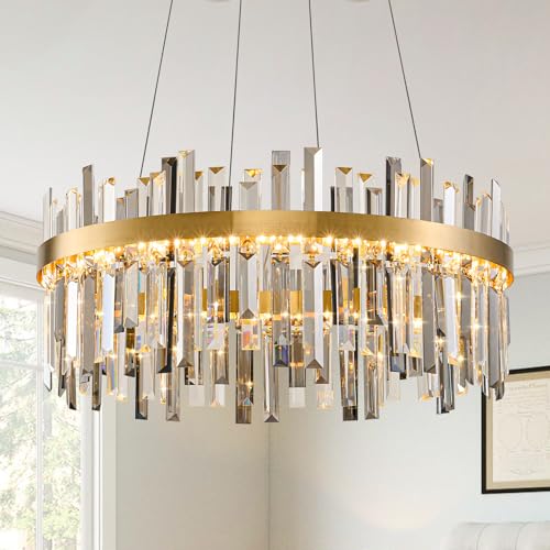 Led Gold Smoke Grey Crystal Chandelier