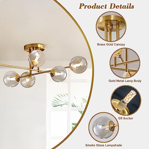 Modern 6 Lights Globe Sputnik Flush Mount Ceiling Light Fixture Mid Century Gold Metal Semi Flush Mount Ceiling Light Farmhouse Smoke Gray Glass Bedroom Ceiling Lamp