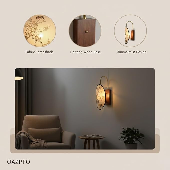 Chinese Style Zen Wall Sconce, Vintage Wood Wall Light Fixture, Retro Fabric Shade Wall Lamp, Antique Brass Sconce for Bedroom Bedside, Hallway, Foyer, Oriental Decor