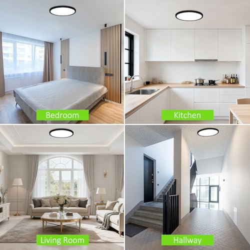 LED Flush Mount Ceiling Light 12in Thin 3CCT Black Wired