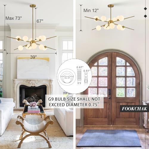 Large Gold Sputnik Ceiling Light Fixture 39in 12 Light Frost Glass