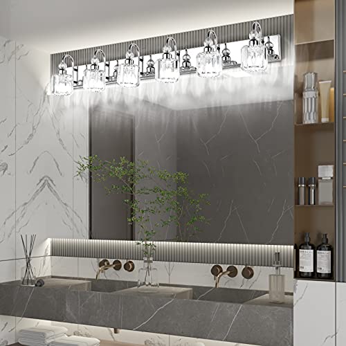 6 Lights Stainless Steel Crystal Bathroom Vanity Lights Over Long Mirror Modern Crystal Vanity Lighting Fixtures for Bathroom