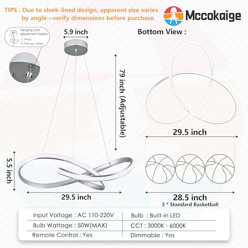 30" Nickel Modern LED Chandelier Large Irregular Ring Pendant Lighting Adjustable Hanging Light Fixture Modern Dimmable Remote Control Pendant Lights for Living Room Dining Room Entryway