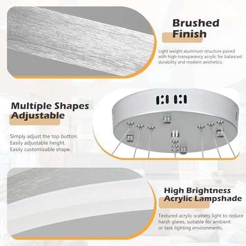 31.5" Nickel Modern Led Chandelier 3 Ring Modern Led Pendant Light Contemporary Ring Chandeliers Dimmable Chandeliers Color Temperature Adjustable Height Hanging Chandelier for Entryway
