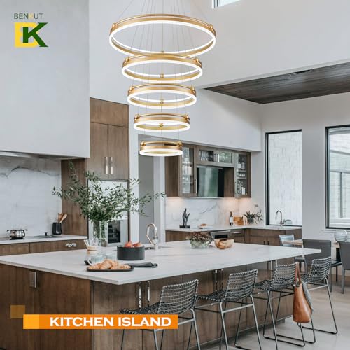 5 Rings Modern LED Chandelier Gold Dimmable Large High Ceiling Chandeliers Foyer