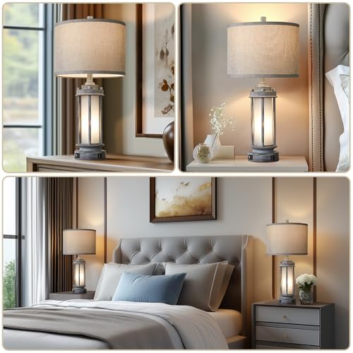 25" Rustic Farmhouse Nightstand Lamp with 2 USB C+A Ports