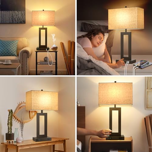 28" Brown Modern Table Lamp Set of 2 with 2 USB Ports&AC Outlet (2 Count)