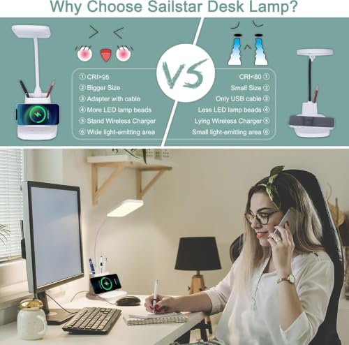 Upgraded 10W Wireless Charging LED Desk Lamp with Pen Holder
