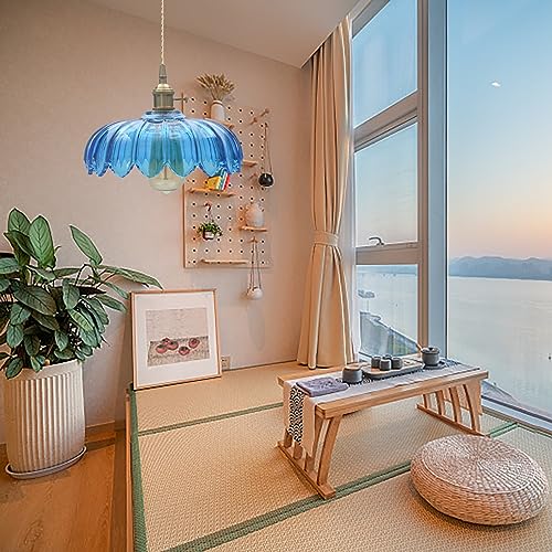 Blue Glass Pendant Light Fixtures Medium 9.8 Inches Lampshade Gold Brass Finish and Switch Vintage Pendant Ceiling Lamp Copper Pendant Lighting