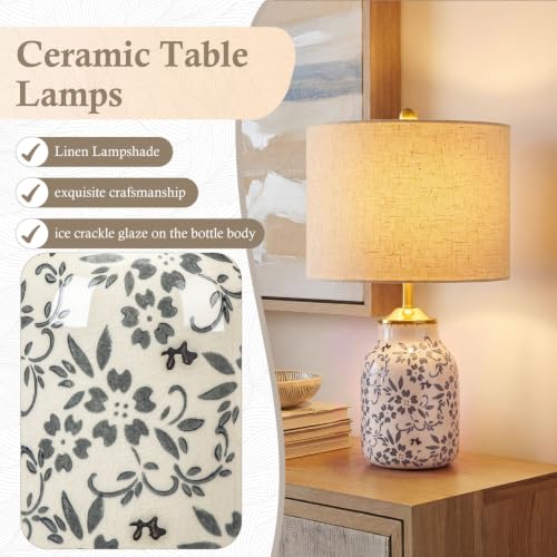 Set of 2 21" Chinoiserie Ceramic Lamps with Beige Linen Shades (2 Count)