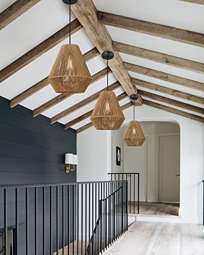 Woven Pendant Lights Modern Boho Hanging Lamp with 12" Handwoven Rattan Basket Shade Adjustable Rustic Pendant Light Fixtures for Kitchen Island Farmhouse Dining Room Bar Bedroom Foyer Hallway