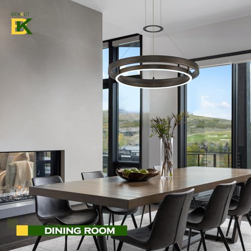 Modern LED Chandelier Vintage Black Brown Dimmable Circular LED Pendant Light with Remote Ring Chandelier Dining Room Light Fixtures for Kitchen Island Living Room Entryway