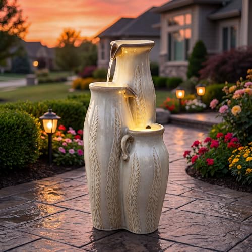 30" Ceramic Vase Water Fountain Outdoor with LED Lights