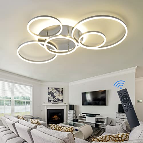 Modern LED Ceiling Light Silver Dimmable 5 Rings Flush Mount Ceiling Light Fixtures with Remote Control 106W 10000LM Ceiling Lighting for Living Room Bedroom Kitchen Dining Room 3000