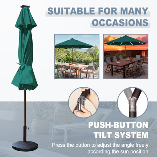 USA 10-Year-Non-Fading 10ft Market Patio Umbrella, Commercial Grade Table Sun Umbrella with 80 Solar LED Lights, Crank Open, Windproof & UPF 50+ UV Protection for Garden, Deck, Pool, Backyard, Forest Green