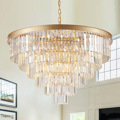 Modern Gold Crystal Chandelier 35”Large Chandeliers for High Ceiling Foyer