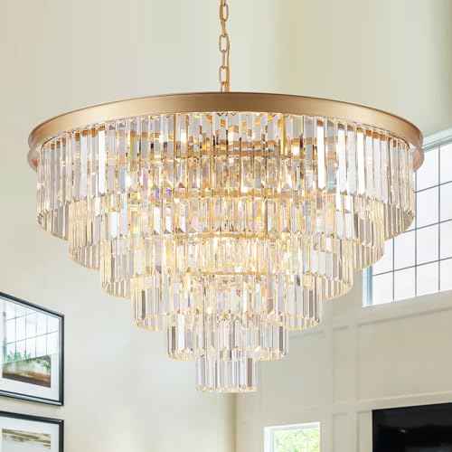 Modern Gold Crystal Chandelier 35”Large Chandeliers for High Ceiling Foyer