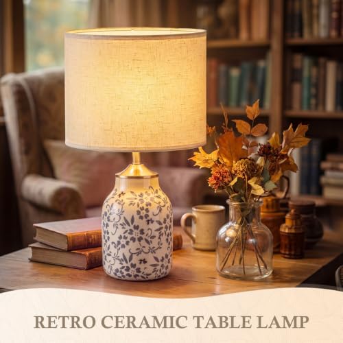 Set of 2 21" Chinoiserie Ceramic Lamps with Beige Linen Shades (2 Count)