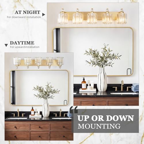 5 Lights Brushed Brass Bathroom Light Fixture Gold Vanity Lights Modern Crystal Bathroom Vanity Lighting Over Mirror Wall Sconce with K9 Crystal Shade E26 Base for Living Room