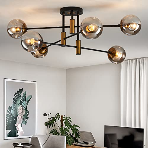 6 Light Sputnik Ceiling Light Fixture Mid Century Black and Gold Chandelier
