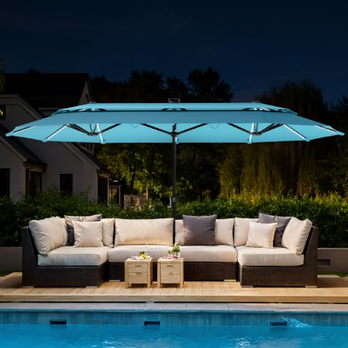 13ft 2 Tier Patio Umbrella with Base&LED Lights