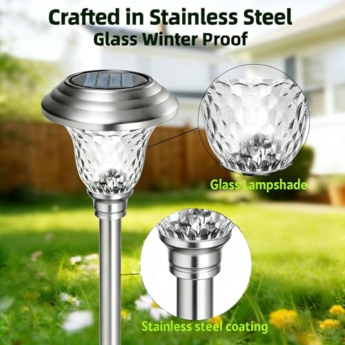 4 Pack Solar Pathway Lights White+ Color Changing Stainless Steel 3 Mode Outdoor Multicolor Metal Solar Powered Waterproof Glass for Garden Landscape Path Yard Walkway Driveway Silver (4 Count)