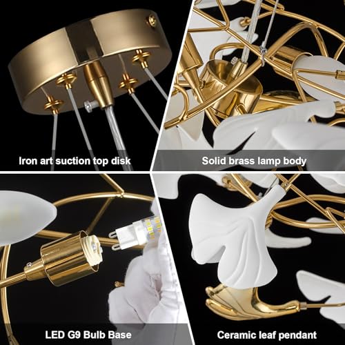 Branch Chandelier Modern Gold Ceramic Ginkgo Leaf Chandeliers L47 Inch Brass Rectangle Chandelier Large Luxury Hanging Lights Fixture for Living Room Dining Room