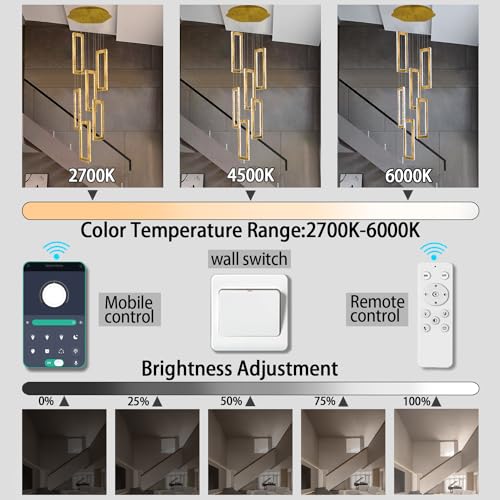 Modern Led Gold Chandelier Adjustable 6 Rings Crystal Chandelier for Living Room Foyer Stairwell Lighting High Ceiling Lamp Dimmable 2700K