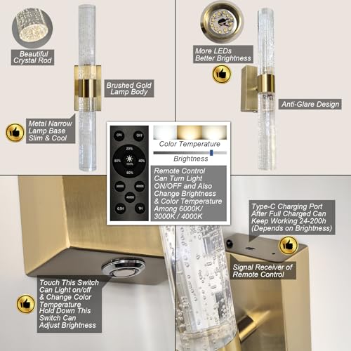 Cordless Gold Crystal Wall Sconces Battery Operated Set of 2 with Remote