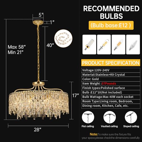 10 Lights Modern Gold Crystal Chandeliers for Dining Room 28"