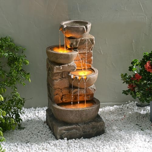 33.27" Cascading Bowls & Stacked Stones LED Water Fountain for Outdoor Living Spaces