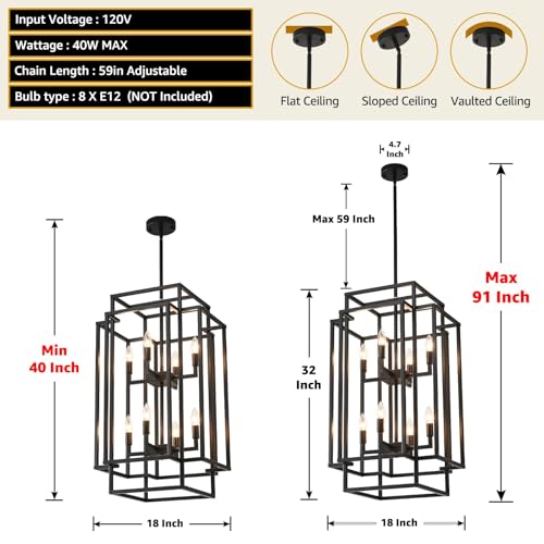 32" H 8 Light Lantern Pendant Light Black Chandeliers for High Ceilings
