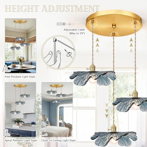 3 Cluster Chandelier Blue Glass Ceiling Pendant Light Fixtures Mid Century Adjustable Gold Brass Chandelier Lighting for Dining Room Living Room Kitchen