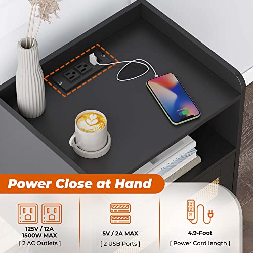 Nightstand with Charging Station & Rattan